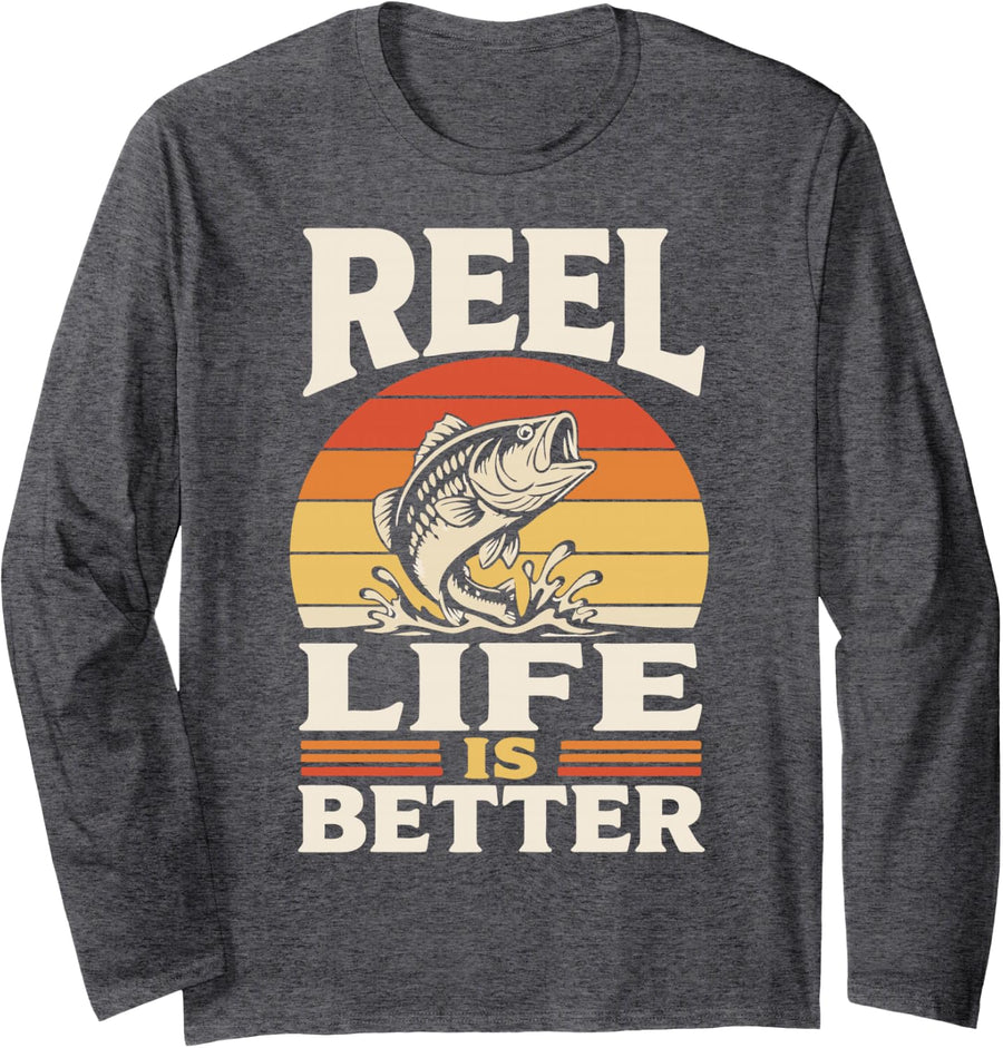 River Fishing Reel Freshwater Angler Fisherman Long Sleeve T-Shirt - Adult Unisex Dark Heather Grey