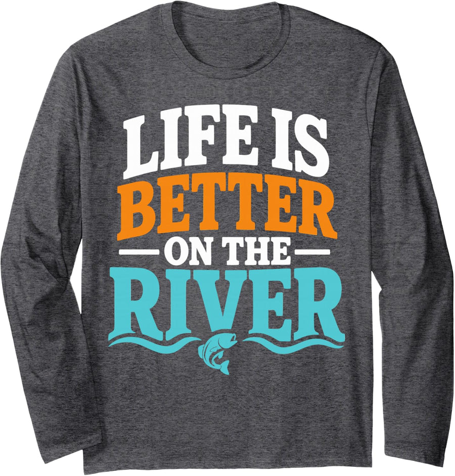 River Fishing Angler Long Sleeve T-Shirt - Adult Unisex Dark Heather Grey