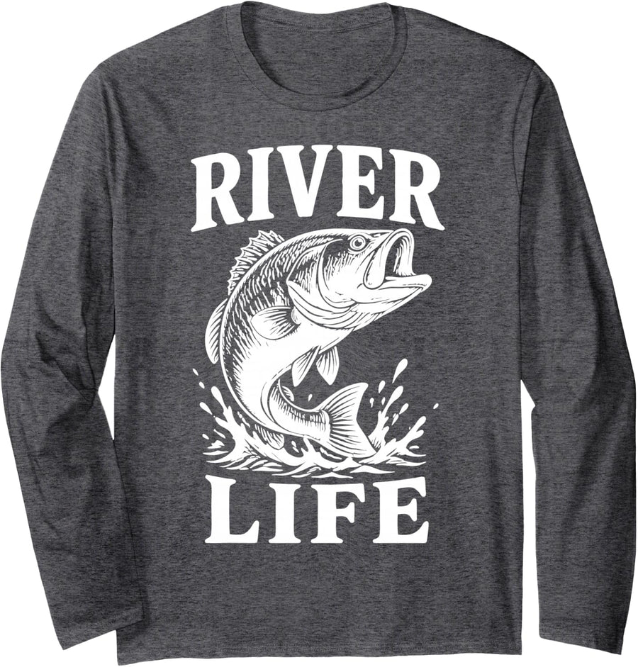River Fishing Lover Freshwater Nature Angler Fisherman Long Sleeve T-Shirt - Adult Unisex Dark Heather Grey