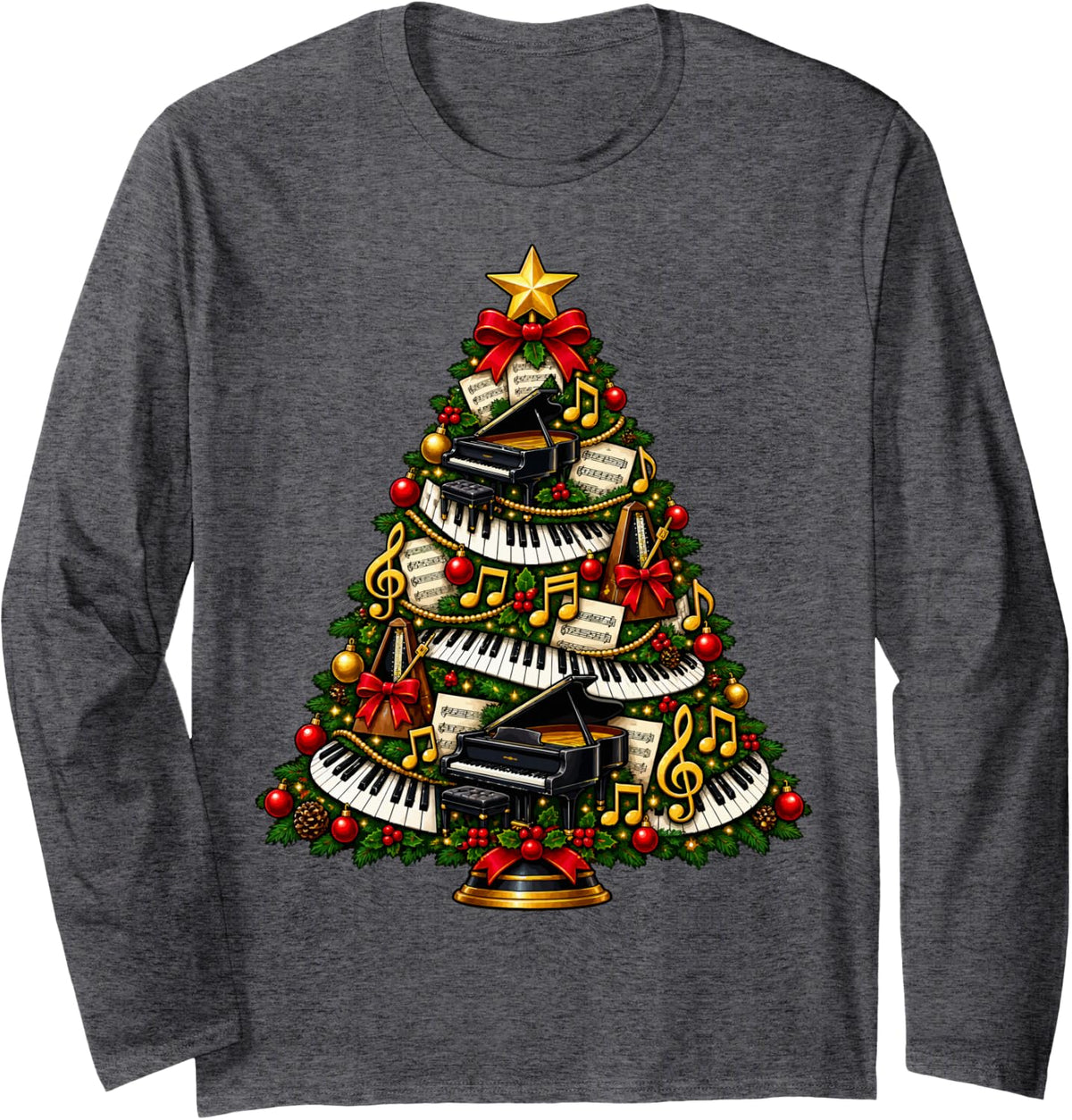 Pianist Christmas Tree Long Sleeve T-Shirt - Adult Unisex Dark Heather Grey