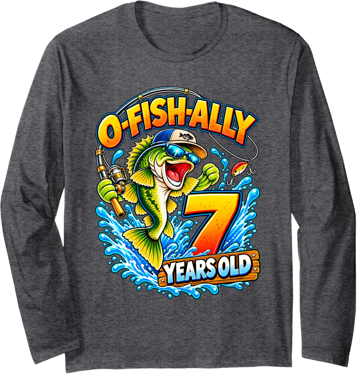 O-FishAlly 7 Years Old Fishing Kids 7th Birthday Funny Long Sleeve T-Shirt - Adult Unisex Dark Heather Grey