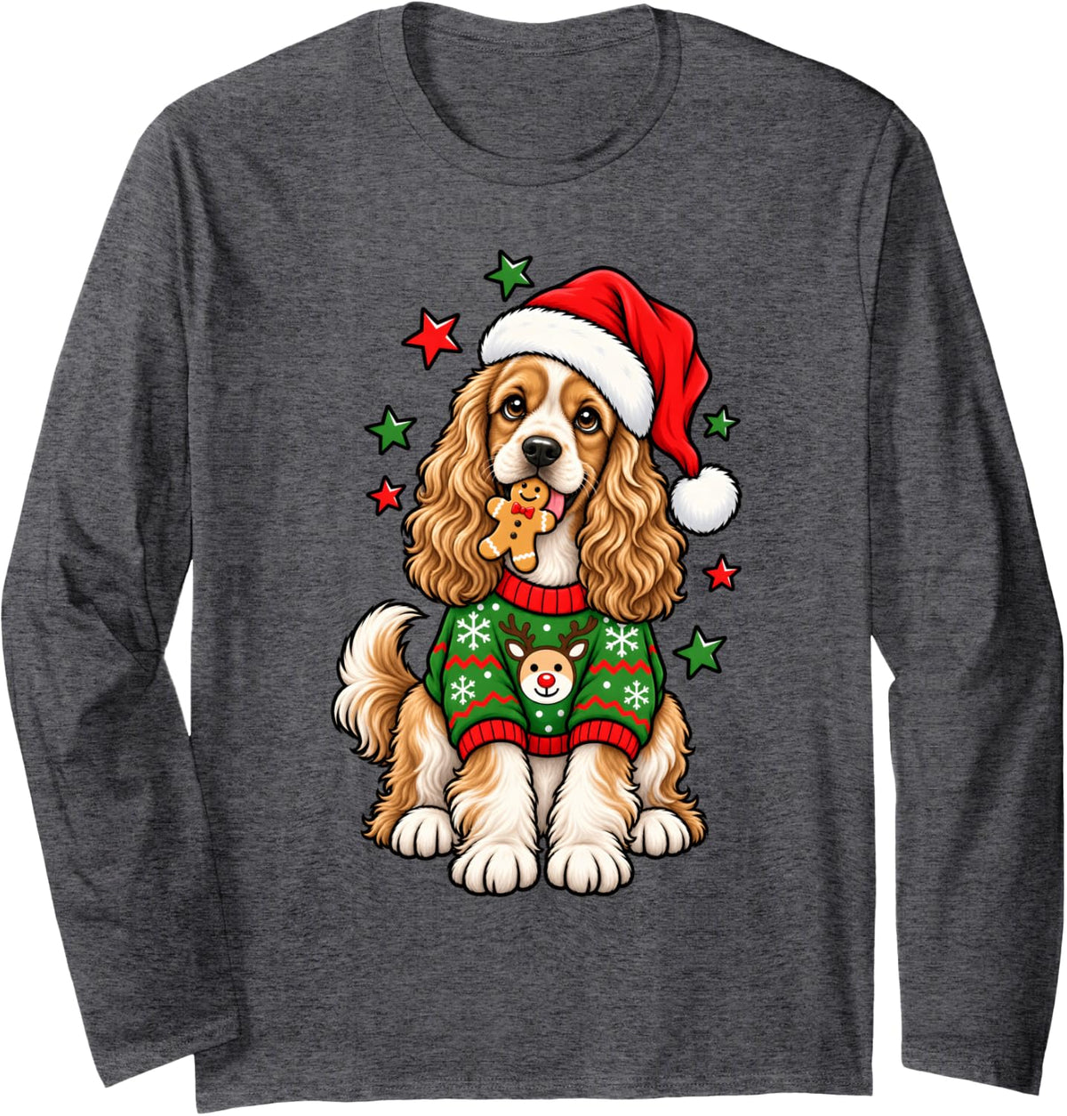 Santa Cocker Spaniel Holding Gingerbread Cookie Christmas Long Sleeve T-Shirt - Adult Unisex Dark Heather Grey