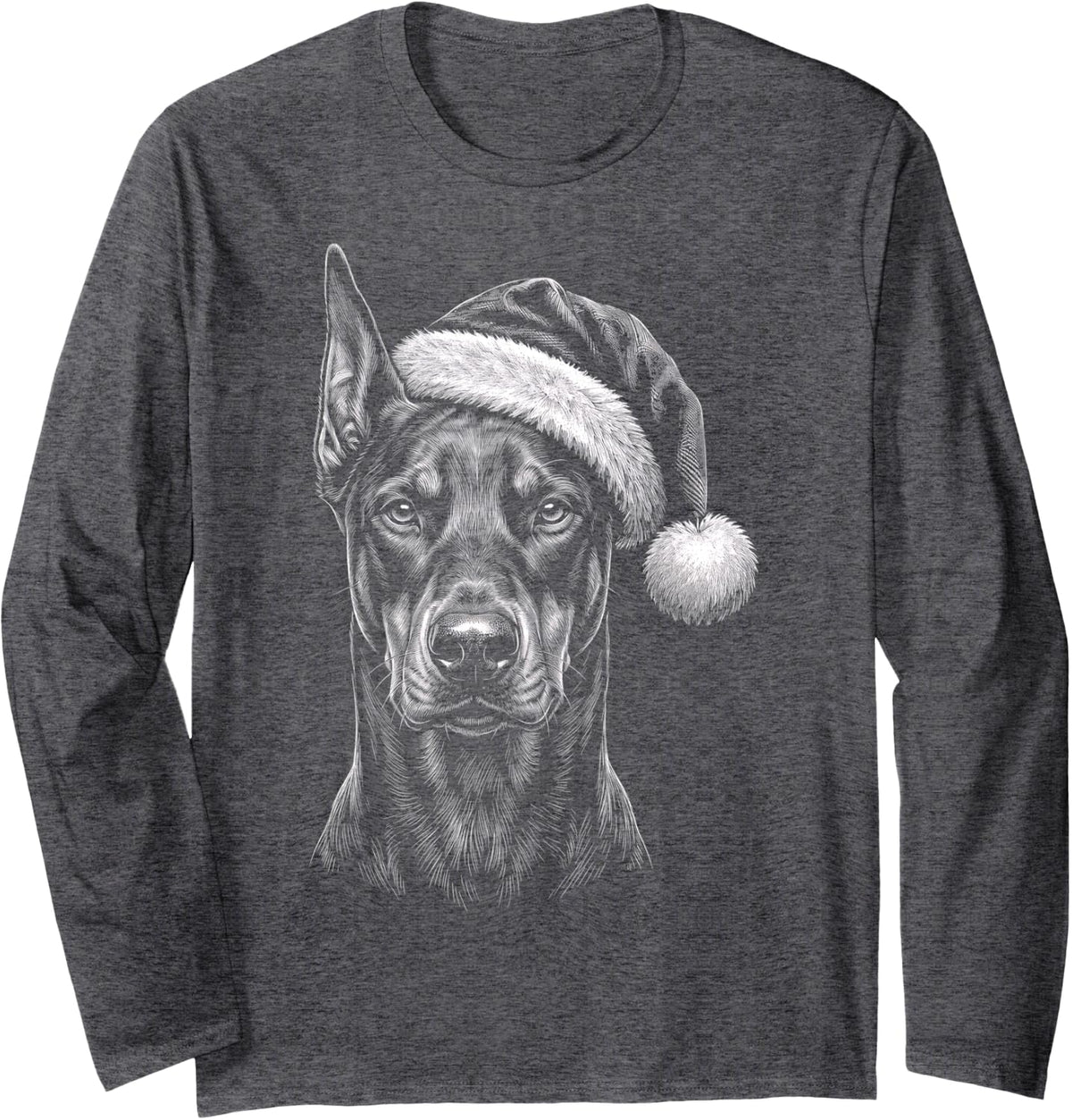Doberman Pinscher Christmas Santa Hat Long Sleeve T-Shirt - Adult Unisex Dark Heather Grey