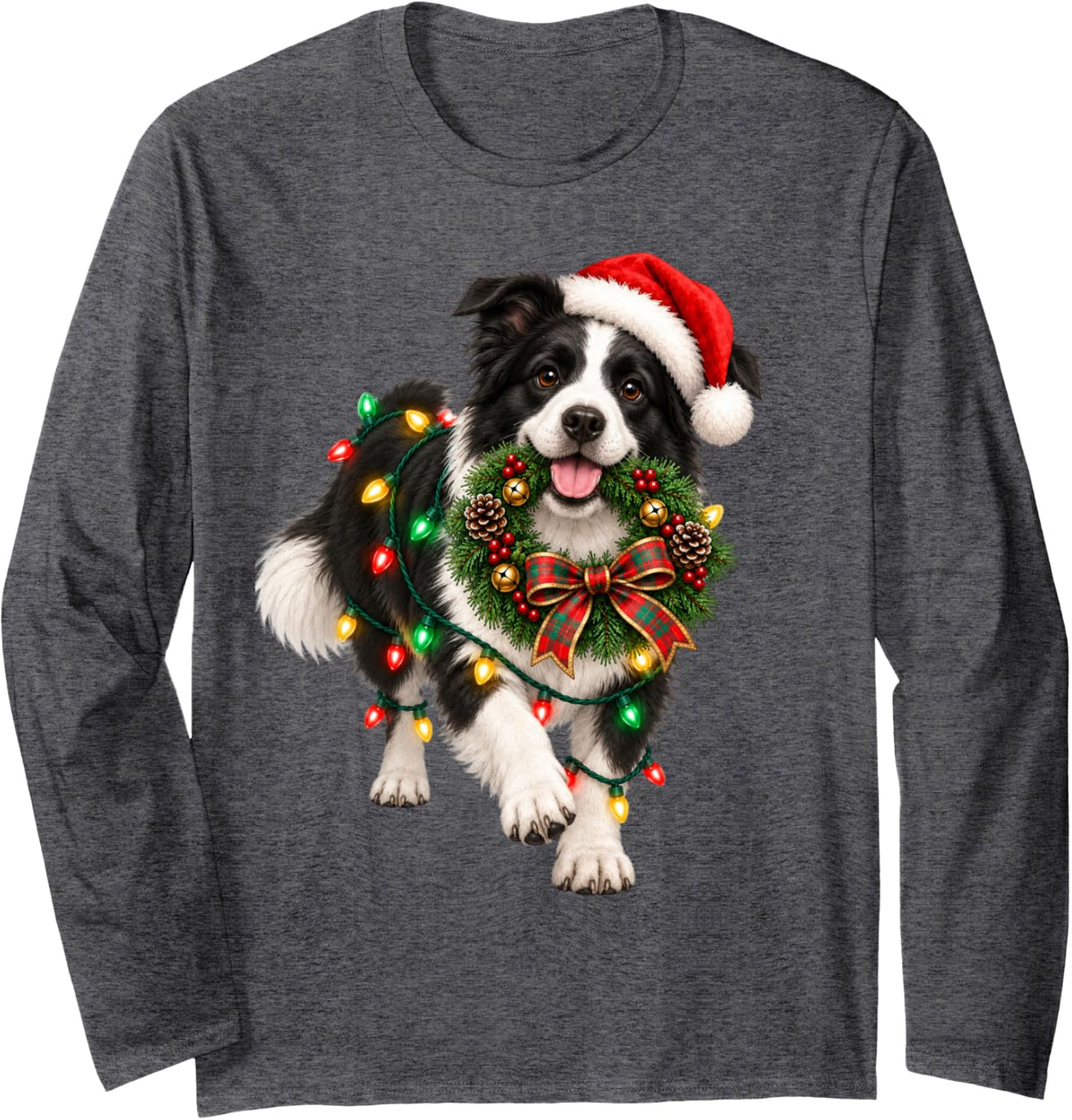 Border Collie Christmas Wreath Decoration Xmas Pajamas Long Sleeve T-Shirt - Adult Unisex Dark Heather Grey