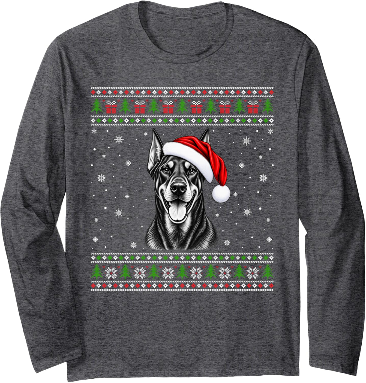 Doberman Pinscher Ugly Christmas Sweater Santa Hat Xmas Dog Long Sleeve T-Shirt - Adult Unisex Dark Heather Grey