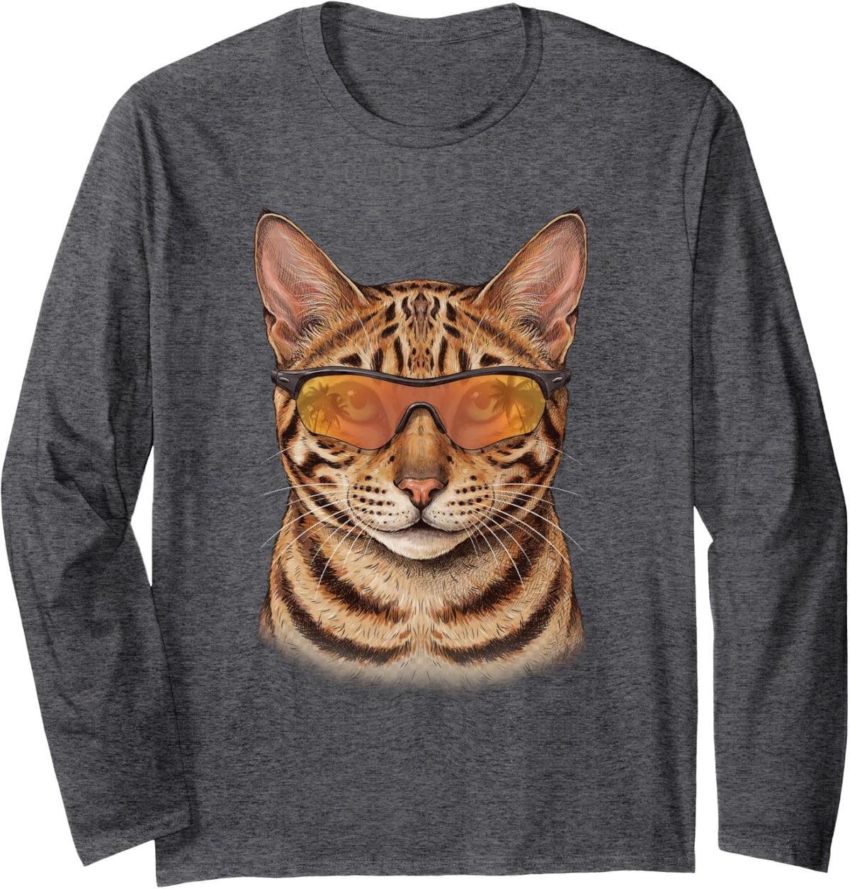 Bengal Cat with Sunglasses Funny Cat Mom Long Sleeve T-Shirt - Adult Unisex Dark Heather Grey