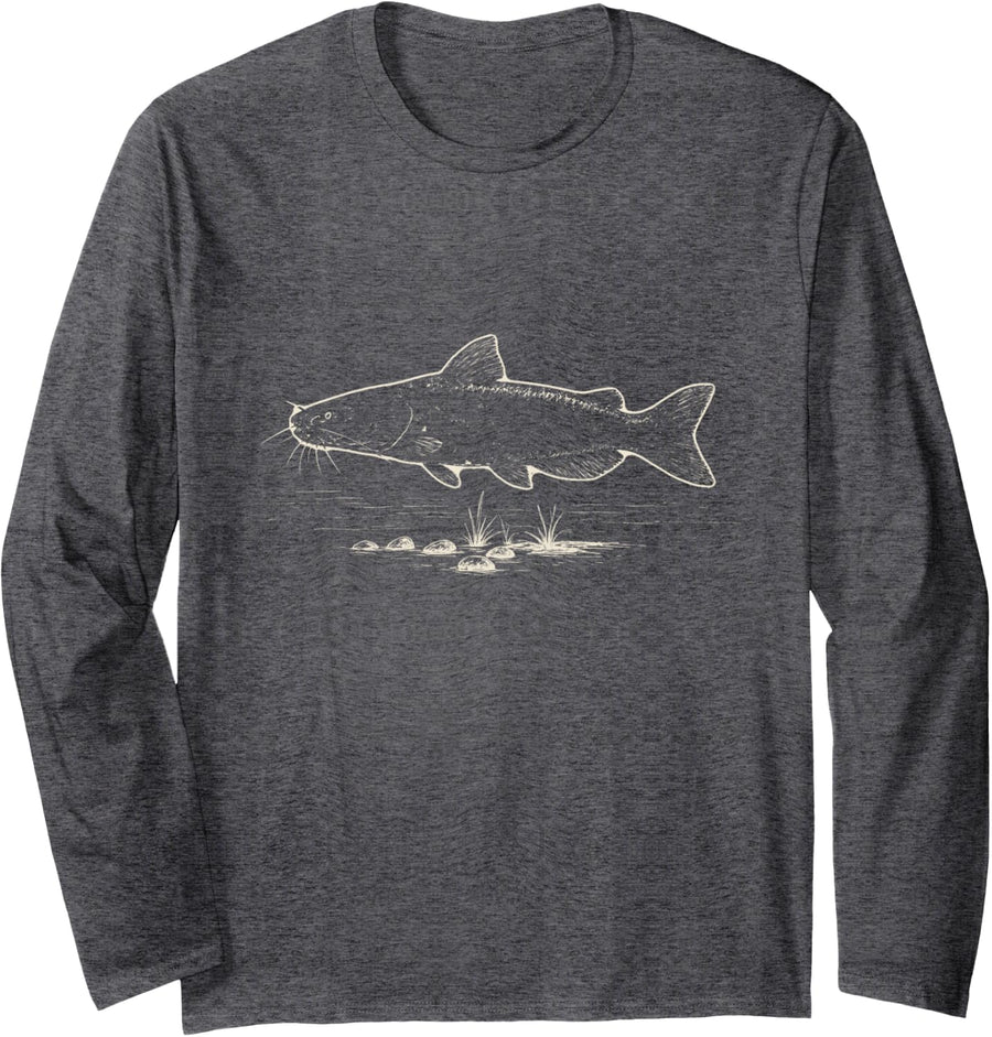 Vintage Channel Catfish Ink Drawing Catfishing Angler Long Sleeve T-Shirt - Adult Unisex Dark Heather Grey