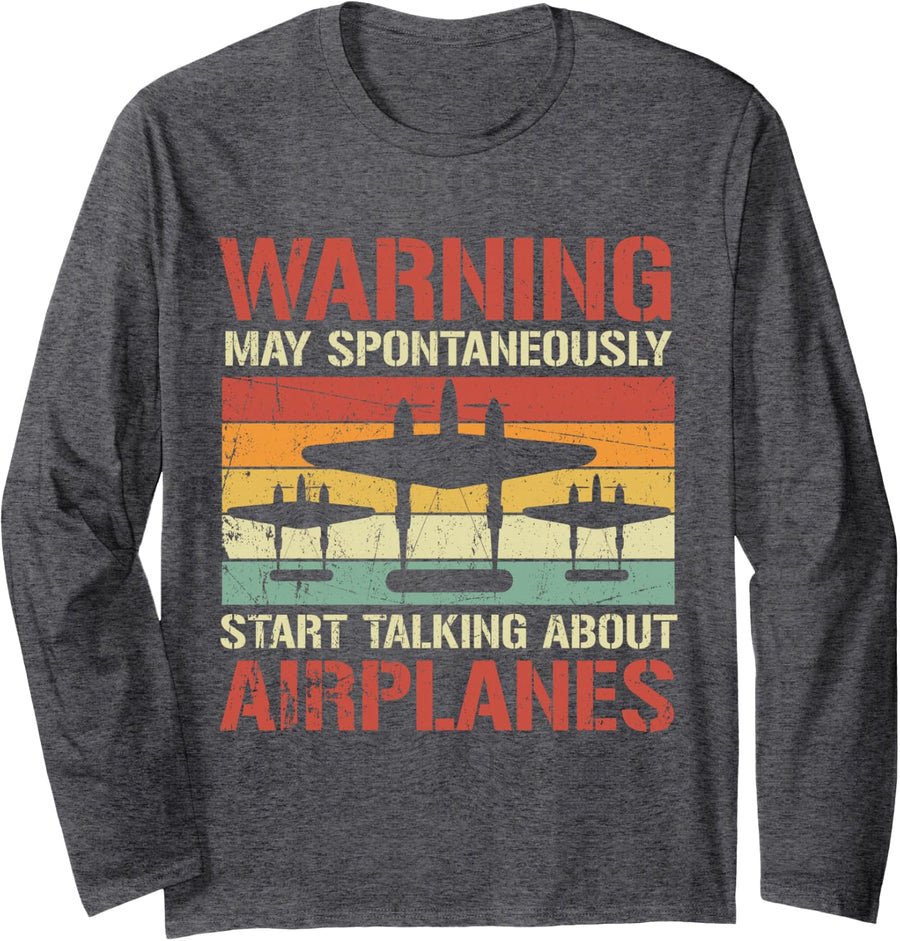 Warning May Spontaneously Talk About P-38 Lightning Vintage Long Sleeve T-Shirt - Adult Unisex Dark Heather Grey
