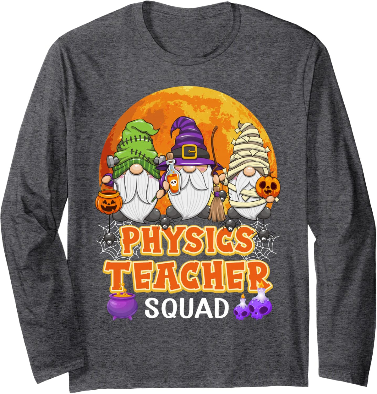 Physics Teacher Squad Halloween Teachers Gnome Matching Long Sleeve T-Shirt - Adult Unisex Dark Heather Grey