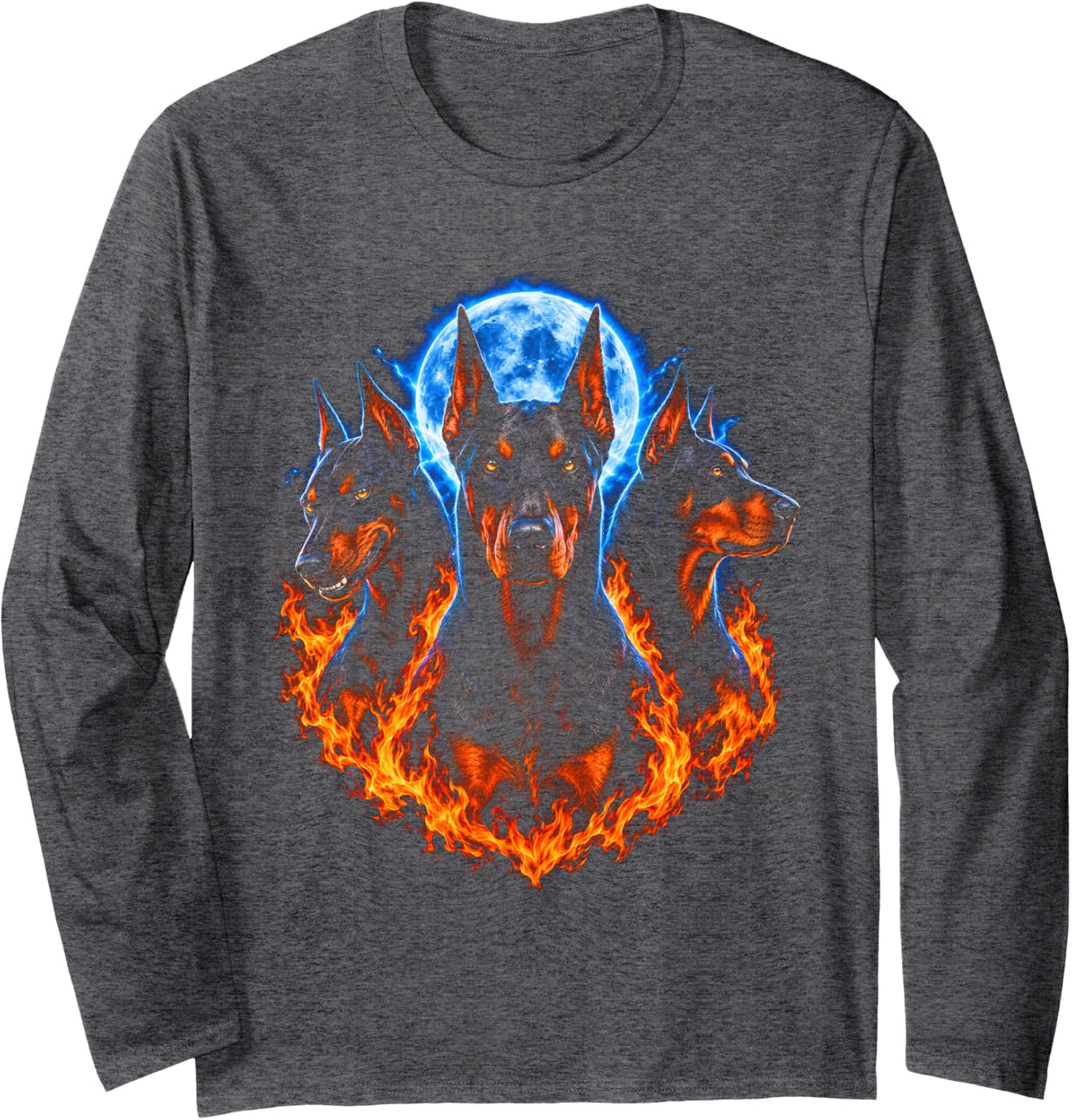 Doberman Pinscher Cerberus Hellhound Long Sleeve T-Shirt - Adult Unisex Dark Heather Grey