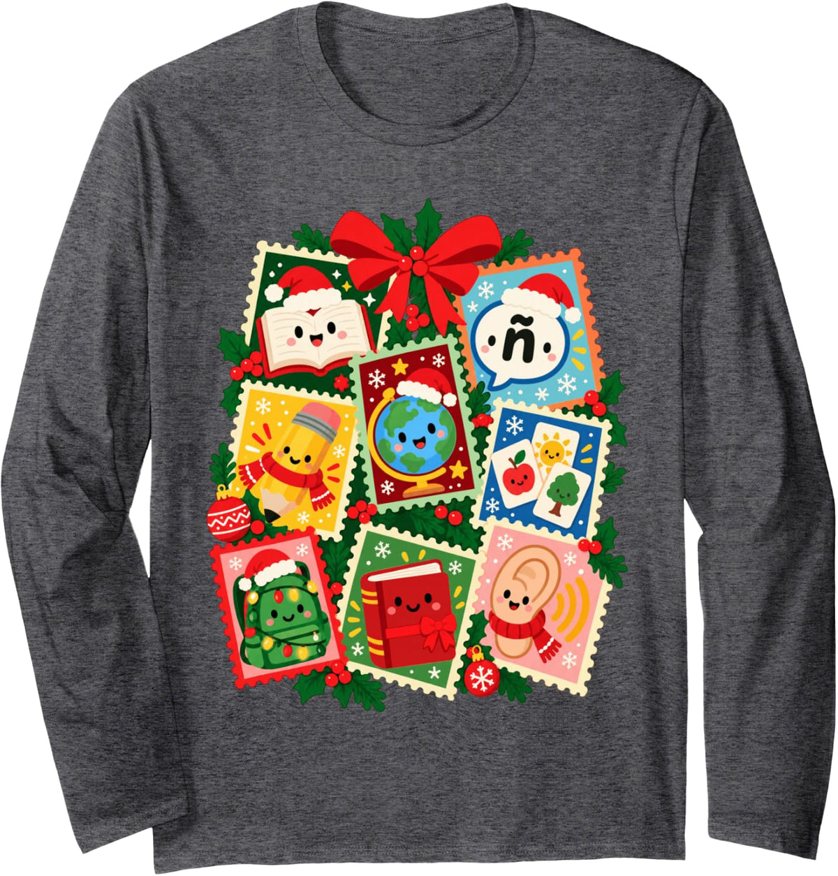 Spanish Teacher Christmas Language Classroom Stamp Art Long Sleeve T-Shirt - Adult Unisex Dark Heather Grey