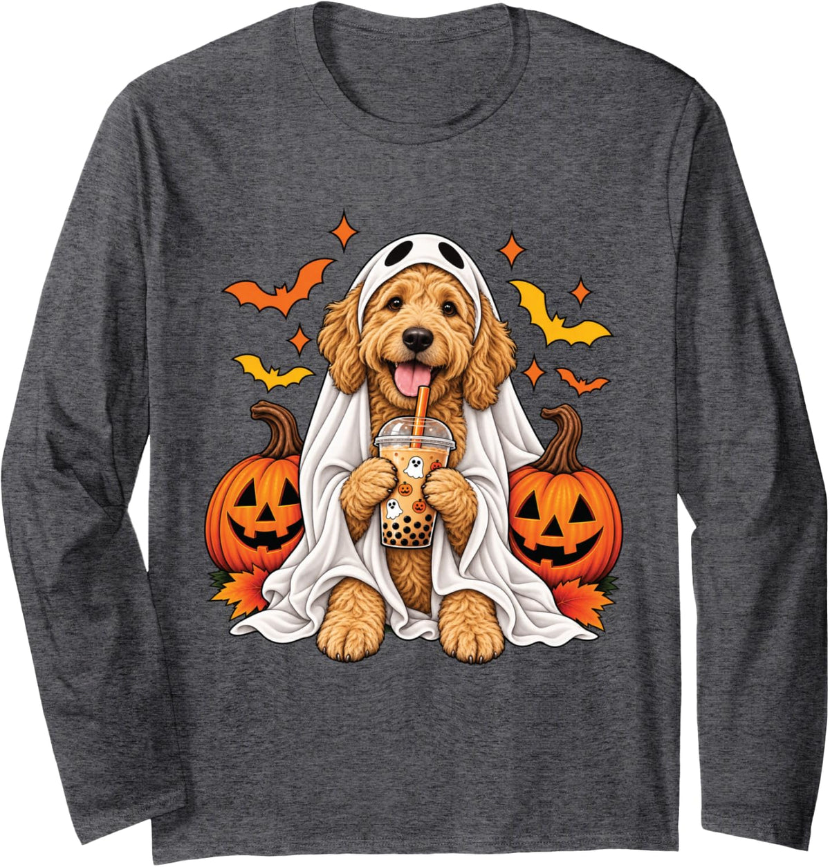 Goldendoodle Ghost Boo Boba Dog Halloween Pumpkin Bubble Tea Long Sleeve T-Shirt - Adult Unisex Dark Heather Grey