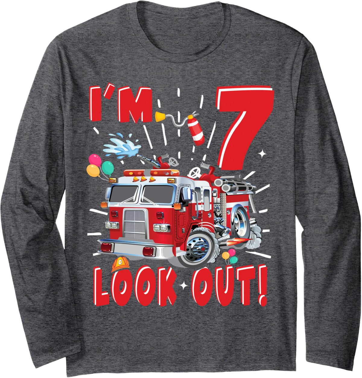 Seven 7th Birthday Fire Truck Boy 7 Year Old Firefighter Long Sleeve T-Shirt - Adult Unisex Dark Heather Grey