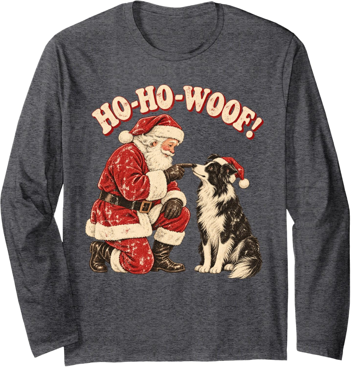Santa Border Collie Retro Christmas Dog Ho Ho Woof Long Sleeve T-Shirt - Adult Unisex Dark Heather Grey