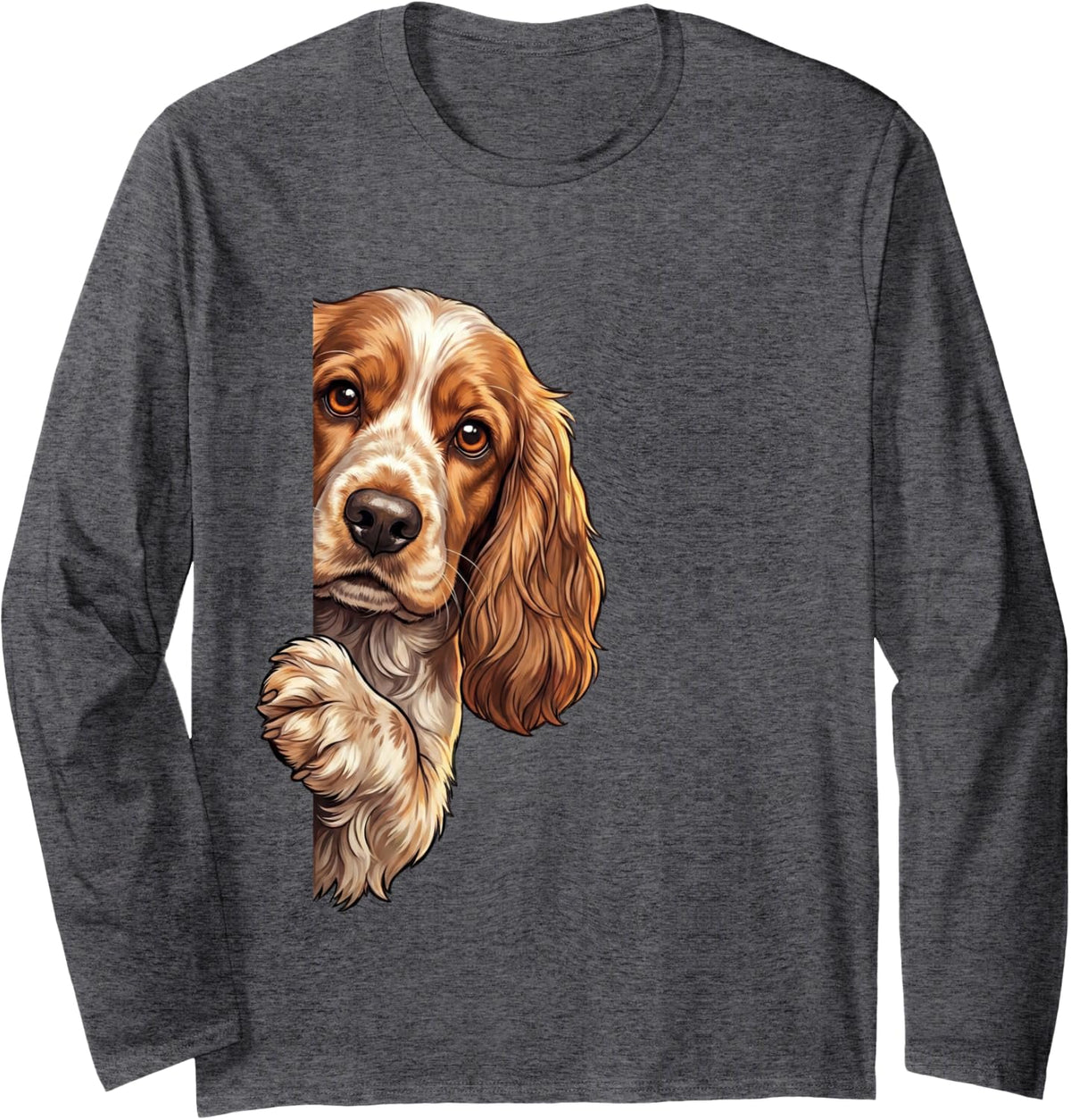Funny Cocker Spaniel Peeking from Side Dog Owner Long Sleeve T-Shirt - Adult Unisex Dark Heather Grey