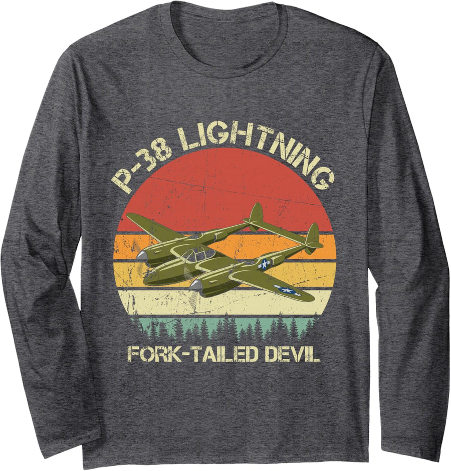 P-38 Lightning Fork-Tailed Devil Vintage WW2 Airplanes Long Sleeve T-Shirt - Adult Unisex Dark Heather Grey