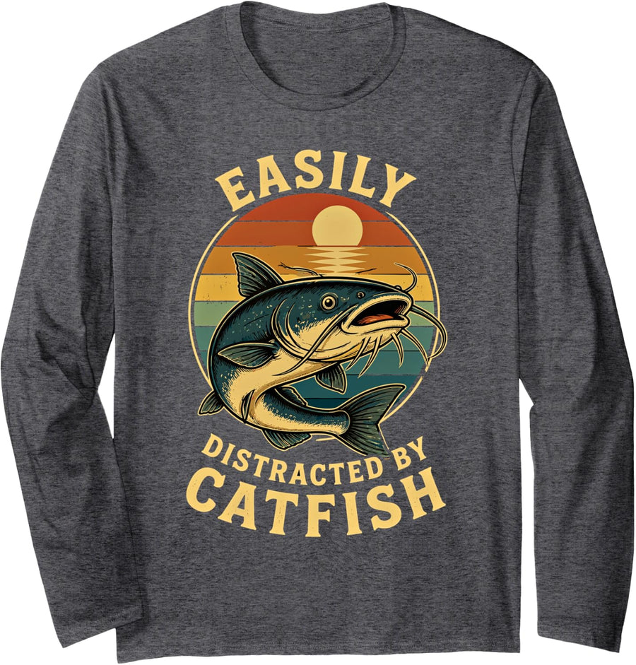 Catfish Fishing Men Women Easily Distracted By Catfishing Long Sleeve T-Shirt - Adult Unisex Dark Heather Grey