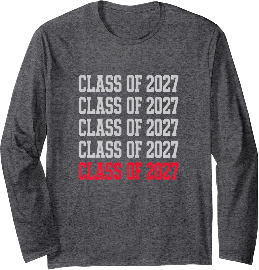 Class of 2027 Stacked Varsity 12th Grade School Senior Long Sleeve T-Shirt - Adult Unisex Dark Heather Grey