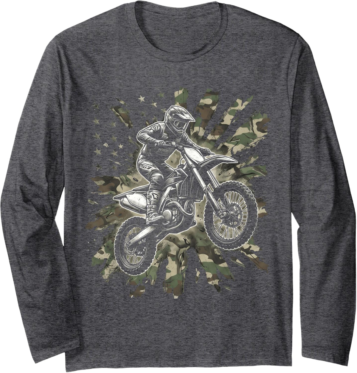 Camouflage Dirt Bike Racing Camo Dirt Biker USA Motocross Long Sleeve T-Shirt - Adult Unisex Dark Heather Grey