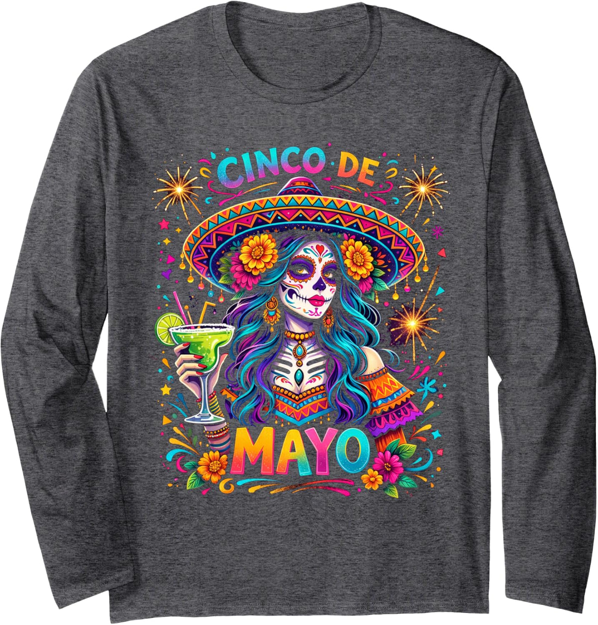 Cinco De Mayo Fiesta Siesta Sugar Skull Skeleton Mexican Long Sleeve T-Shirt - Adult Unisex Dark Heather Grey