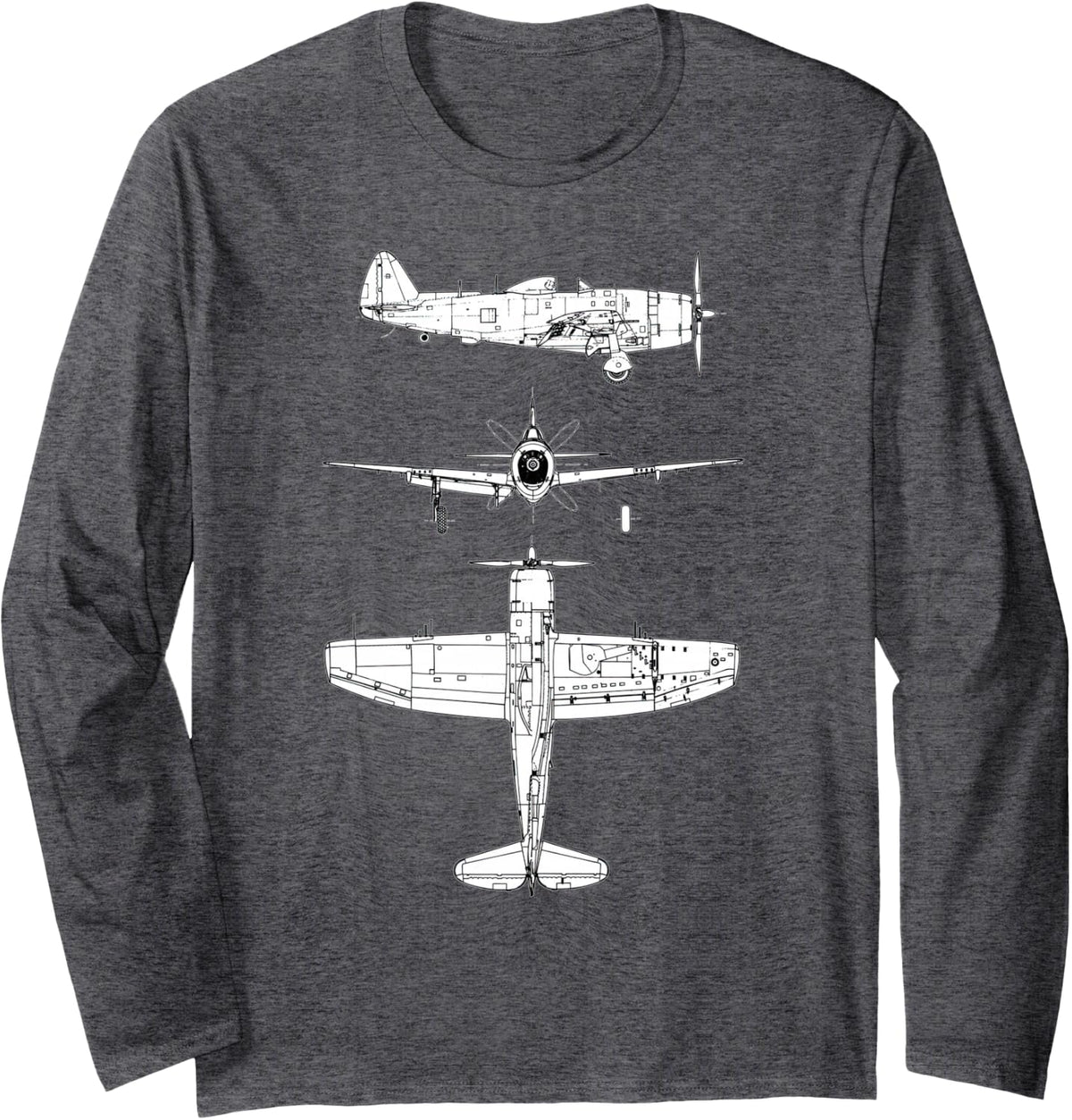 P47 Thunderbolt WW2 Fighter Airplane Blueprint Long Sleeve T-Shirt - Adult Unisex Dark Heather Grey