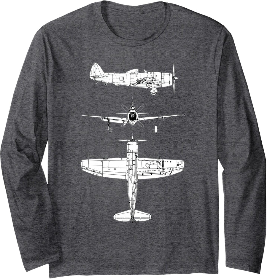 P47 Thunderbolt WW2 Fighter Airplane Blueprint Long Sleeve T-Shirt - Adult Unisex Dark Heather Grey