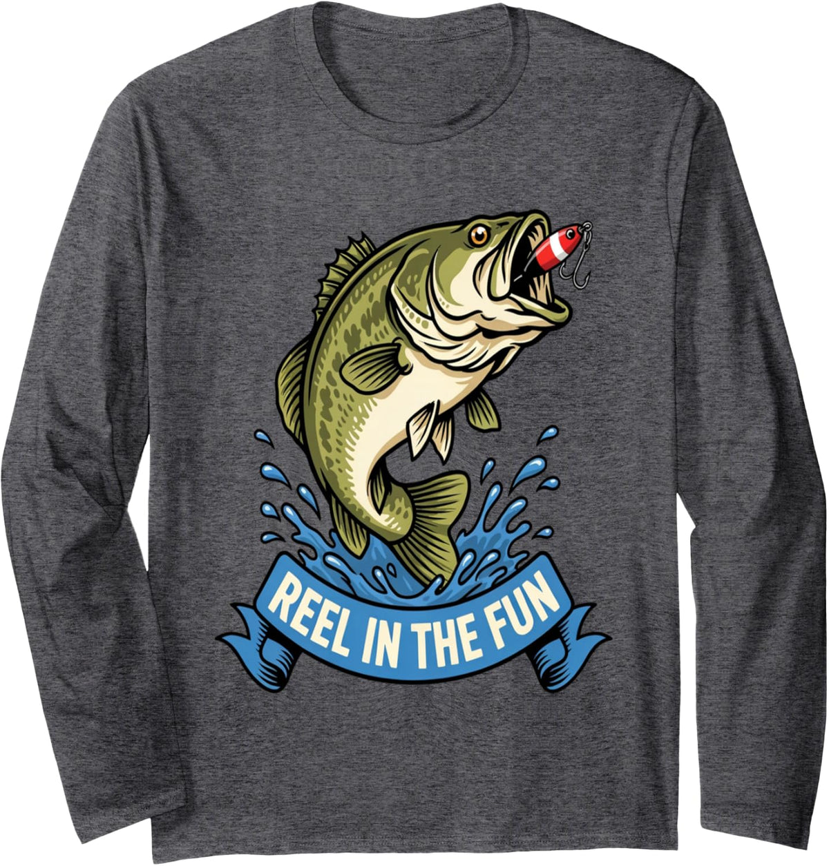Largemouth Bass Fishing Fanatic Reel in The Fun Art Design Long Sleeve T-Shirt - Adult Unisex Dark Heather Grey