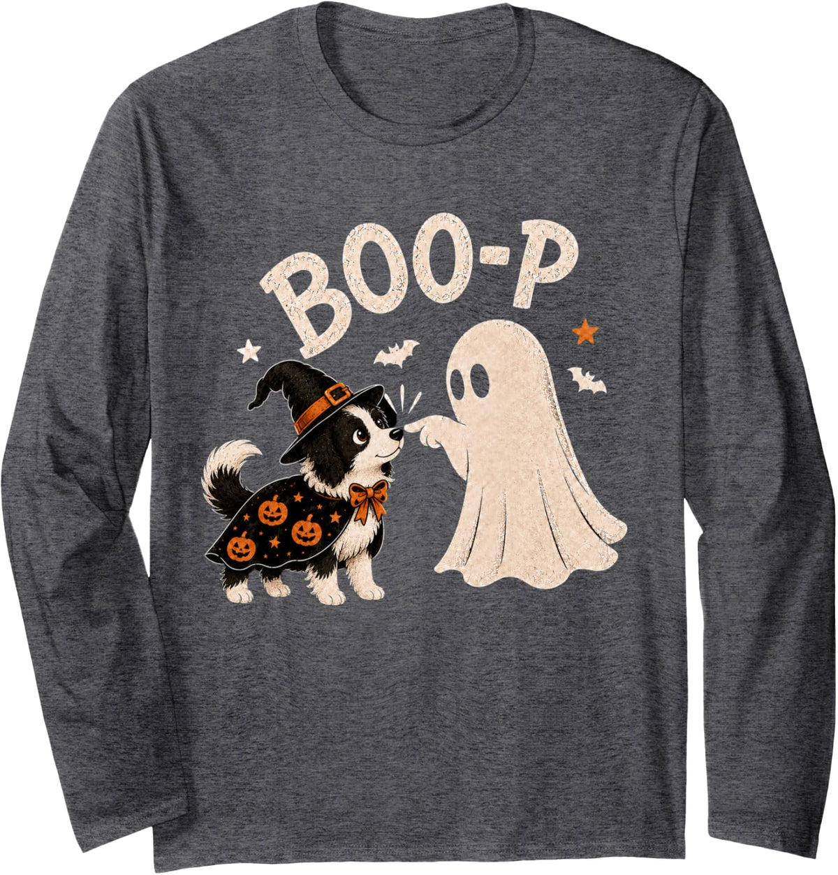 Border Collie Boo Boo-p Ghost Nose Boop Halloween Dog Lover Long Sleeve T-Shirt - Adult Unisex Dark Heather Grey