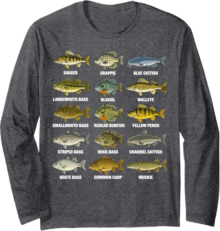 Fish Species Fishing Angler Fisherman Long Sleeve T-Shirt - Adult Unisex Dark Heather Grey
