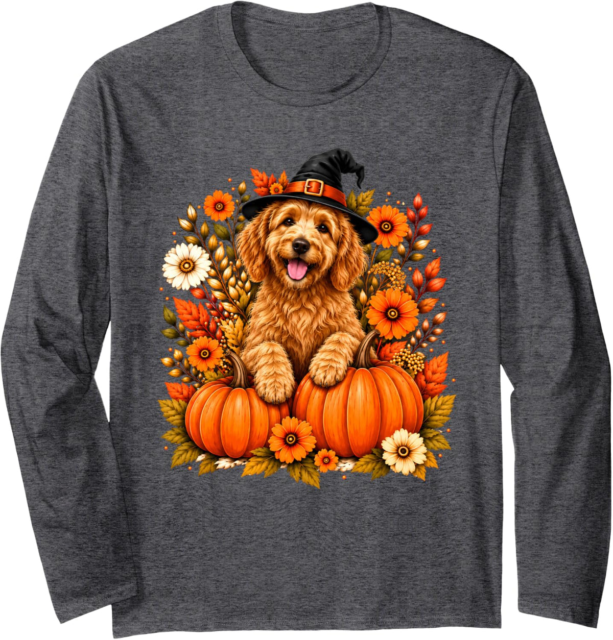 Goldendoodle Halloween Witch Floral Spooky Dog Lover Long Sleeve T-Shirt - Adult Unisex Dark Heather Grey