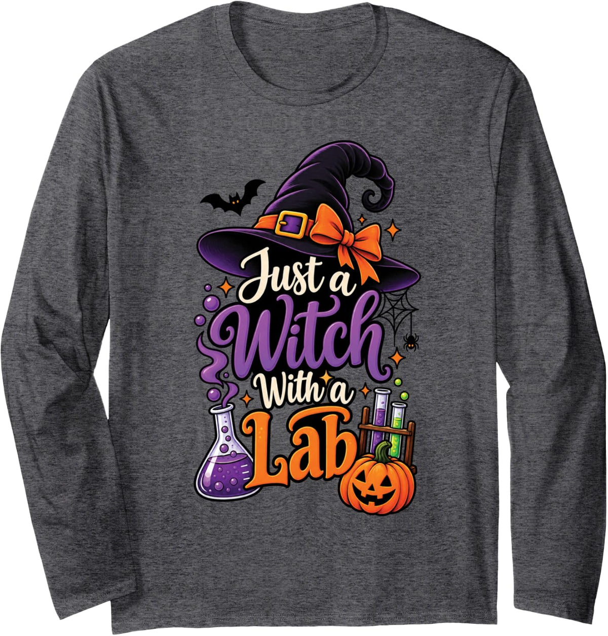 Spooky Witch with A Lab Chemist Halloween Chemistry Lover Long Sleeve T-Shirt - Adult Unisex Dark Heather Grey