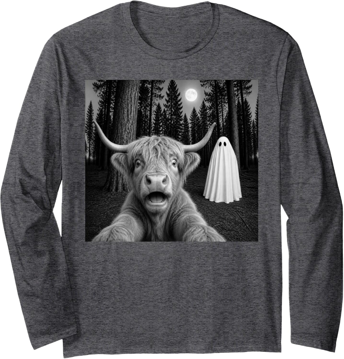 Spooky Scottish Highland Cow Selfie with Ghost Halloween Long Sleeve T-Shirt - Adult Unisex Dark Heather Grey