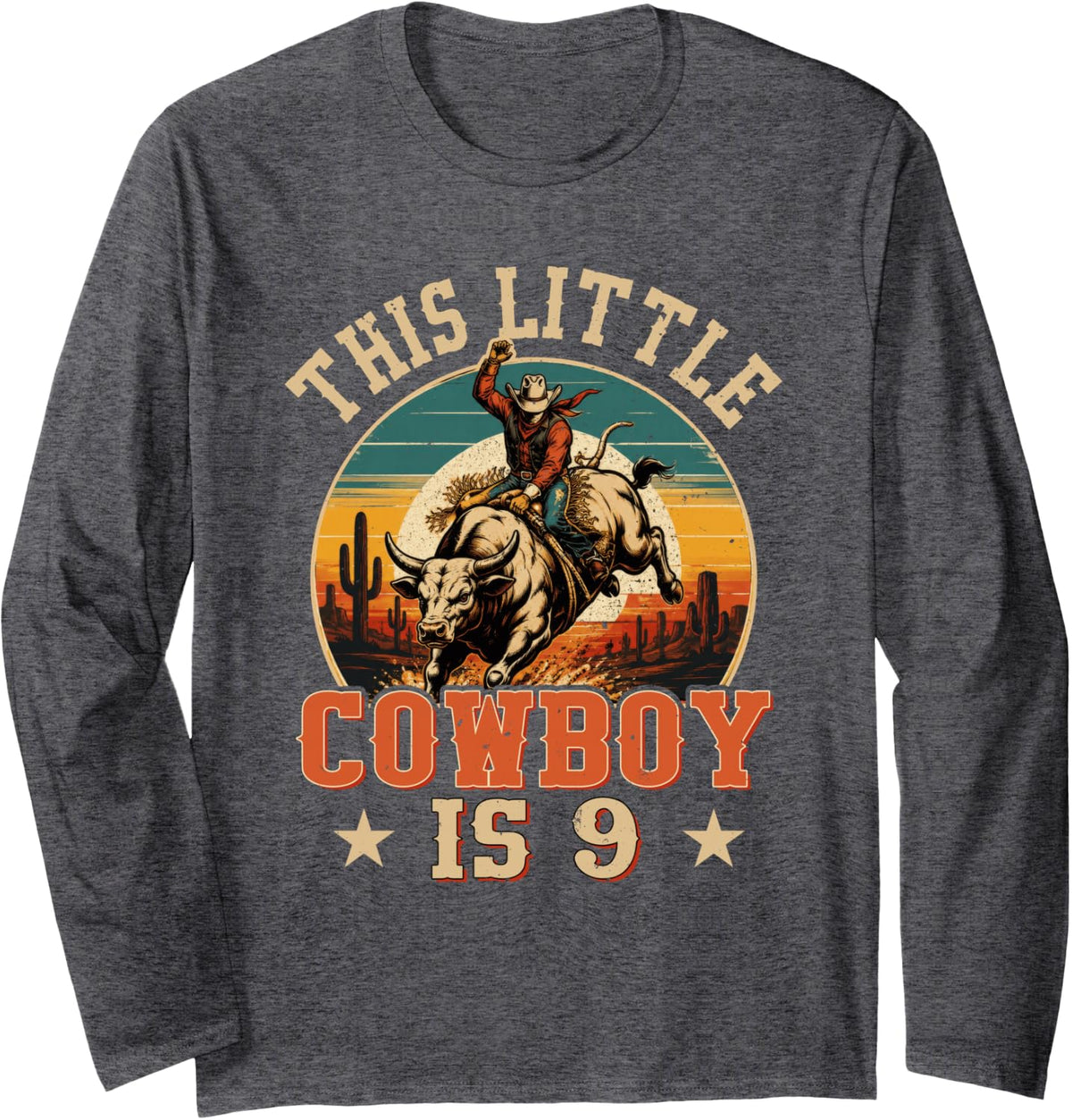 9 Years Old Bull Riding Lover 9th Birthday Cowboy Theme Long Sleeve T-Shirt - Adult Unisex Dark Heather Grey