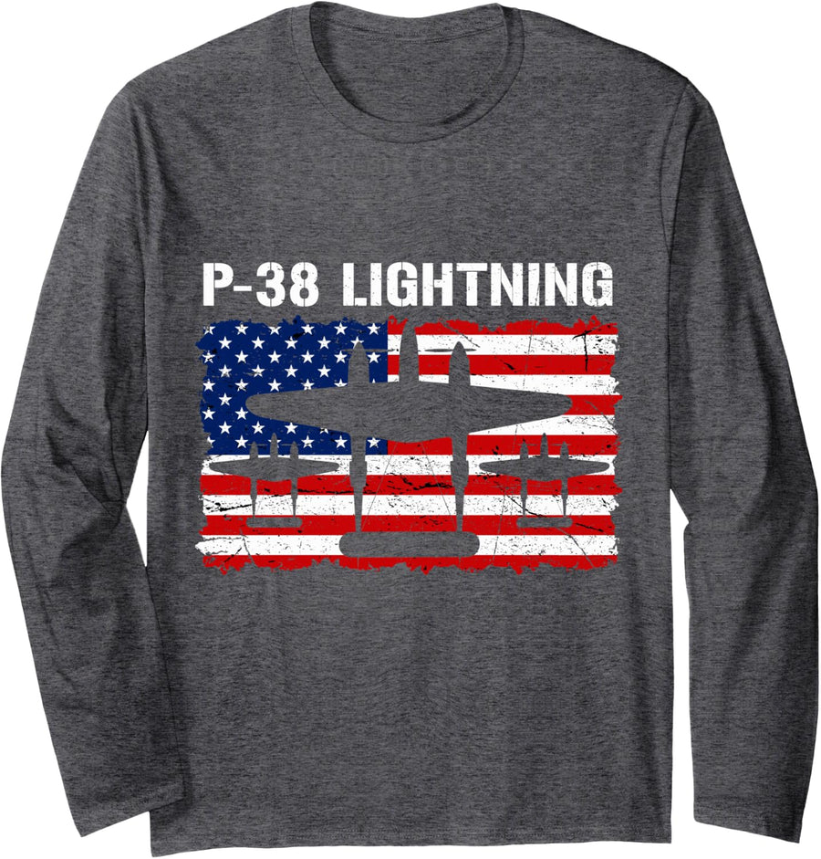 P-38 Lightning WW2 Aircraft Fighter Flag USA Airplanes Long Sleeve T-Shirt - Adult Unisex Dark Heather Grey