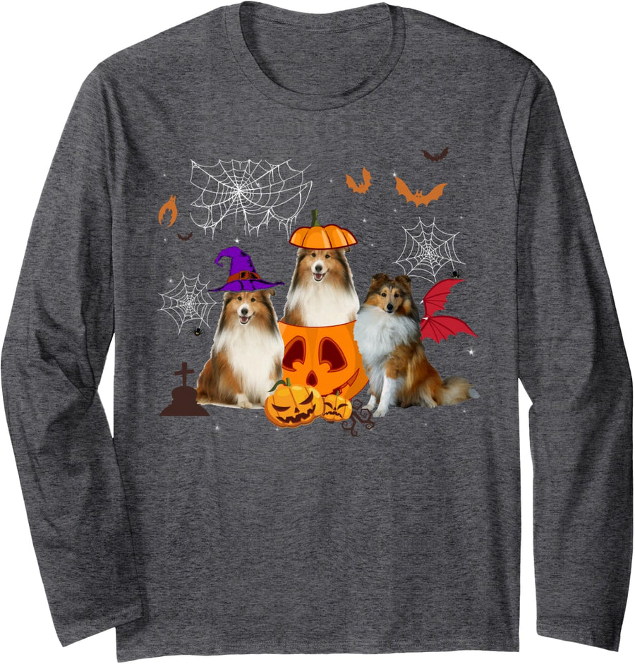 Funny Pumpkin Witch Sheltie Matching Dog Halloween Gifts Long Sleeve T-Shirt - Adult Unisex Dark Heather Grey