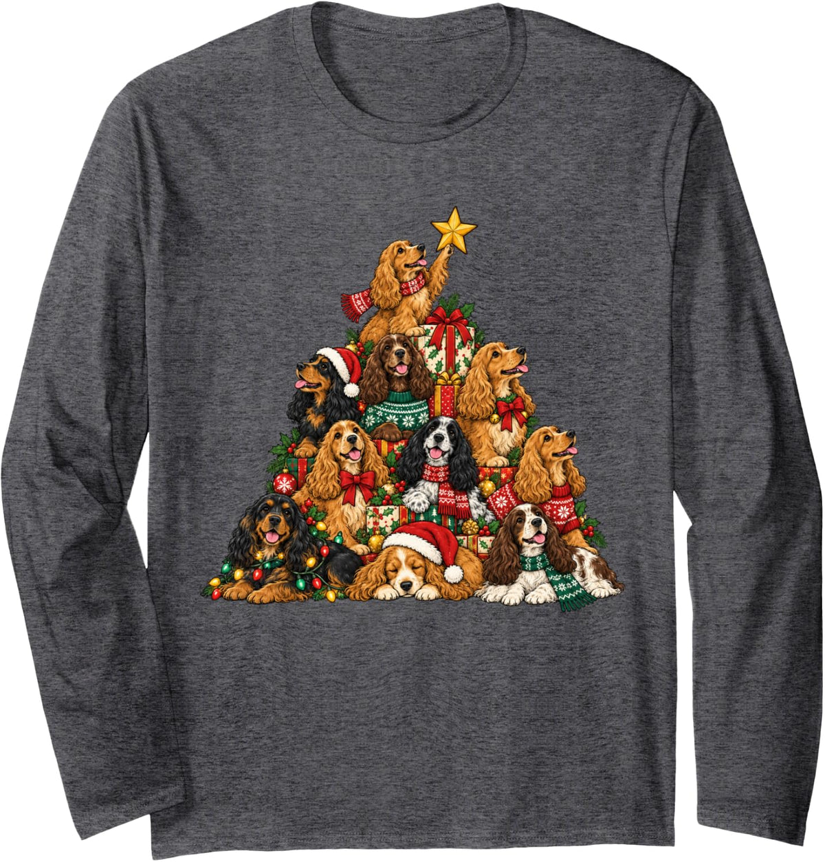 Funny English Cocker Spaniel Christmas Lights Tree Dog Lover Long Sleeve T-Shirt - Adult Unisex Dark Heather Grey