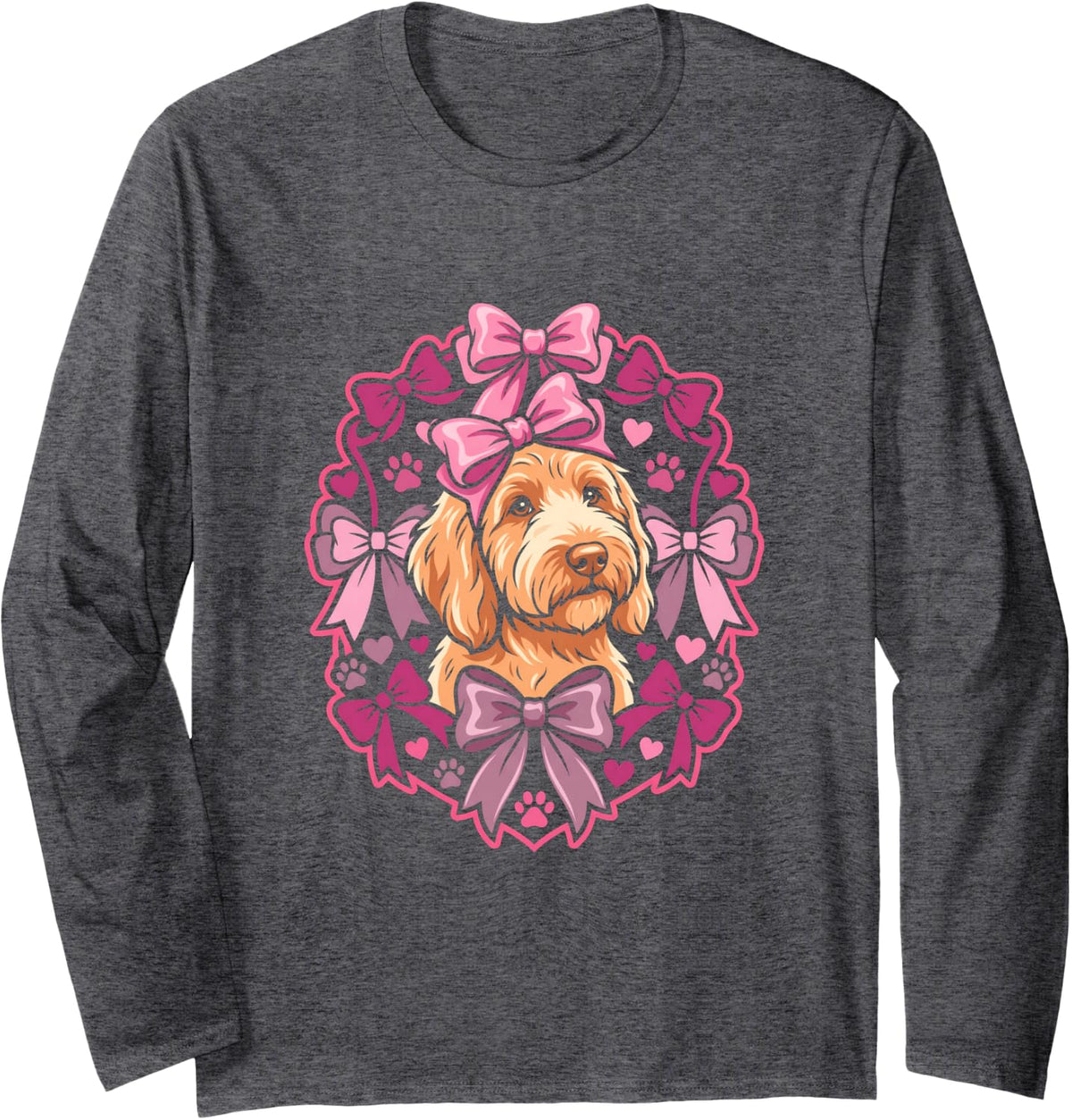 Goldendoodle Dog Pink Bows Coquette Heart Puppy Lover Long Sleeve T-Shirt - Adult Unisex Dark Heather Grey
