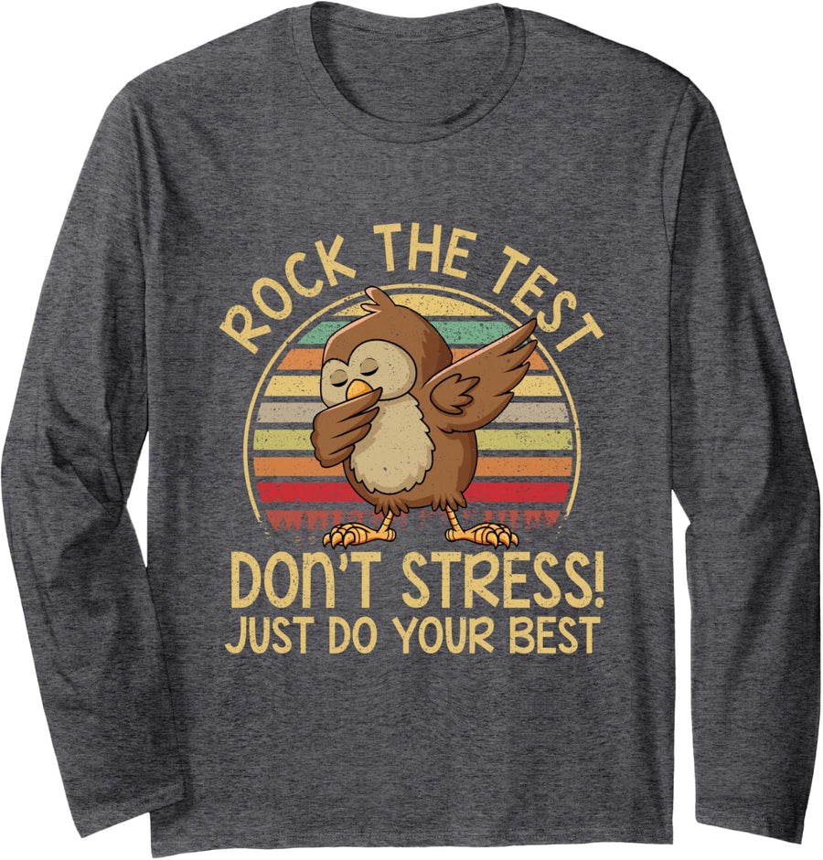 Dabbing Owl Rock The Test, Retro Vintage Testing Day Teacher Long Sleeve T-Shirt - Adult Unisex Dark Heather Grey