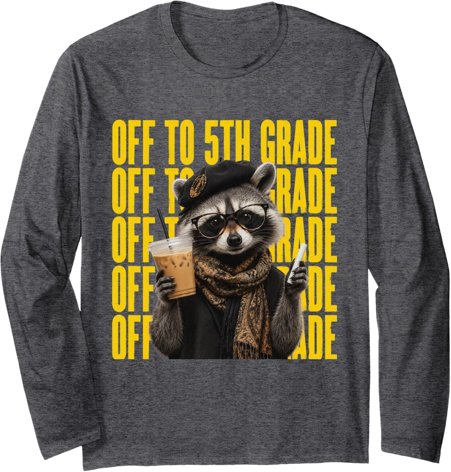 Off to 5th Grade Raccoon Back to School Fifth Grade Long Sleeve T-Shirt - Adult Unisex Dark Heather Grey