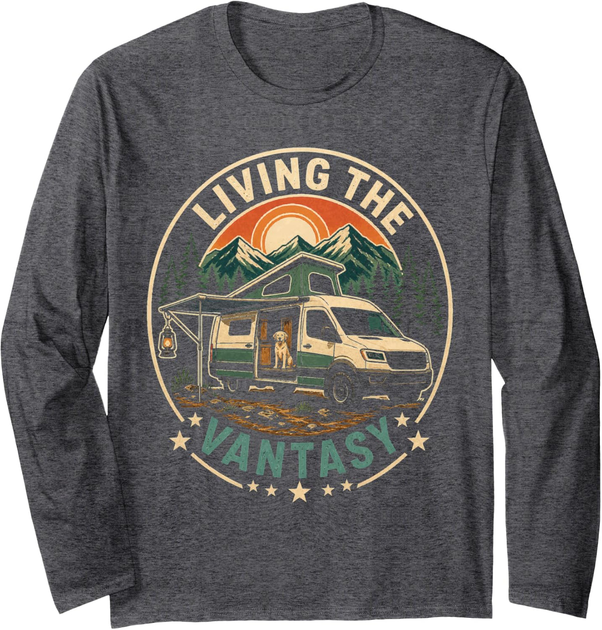 Camping Living The Vantasy Camper Van Life Dog Mountains Long Sleeve T-Shirt - Adult Unisex Dark Heather Grey