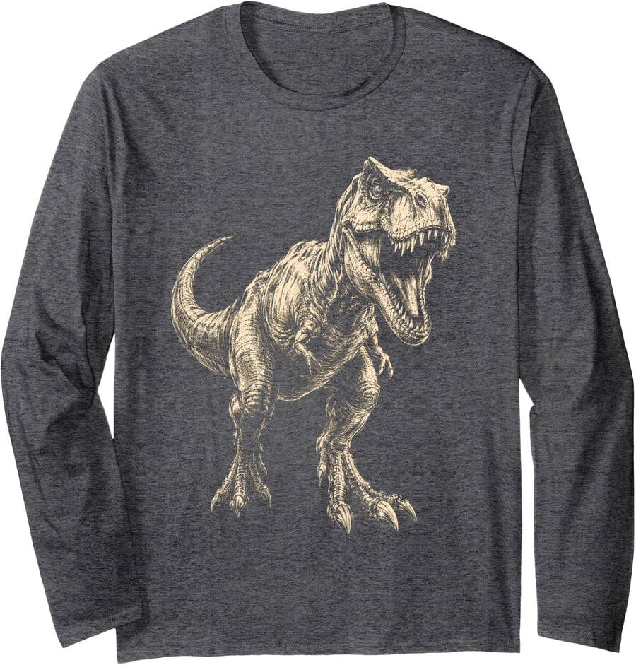 Vintage Dinosaur Dino T-Rex Lovers Men Women Kids Long Sleeve T-Shirt - Adult Unisex Dark Heather Grey