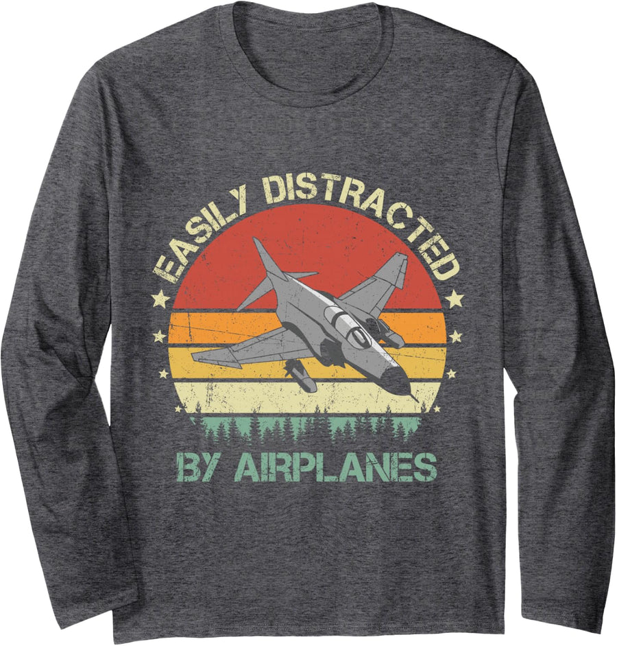 Easily Distracted By Airplanes Vintage Retro F-4 Phantom II Long Sleeve T-Shirt - Adult Unisex Dark Heather Grey
