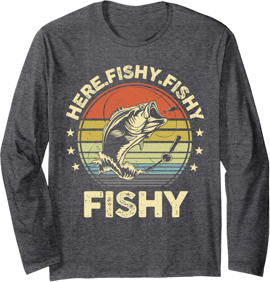 Fishing Here-Fishy Bass Fish Funny Dad Graphic Long Sleeve T-Shirt - Adult Unisex Dark Heather Grey