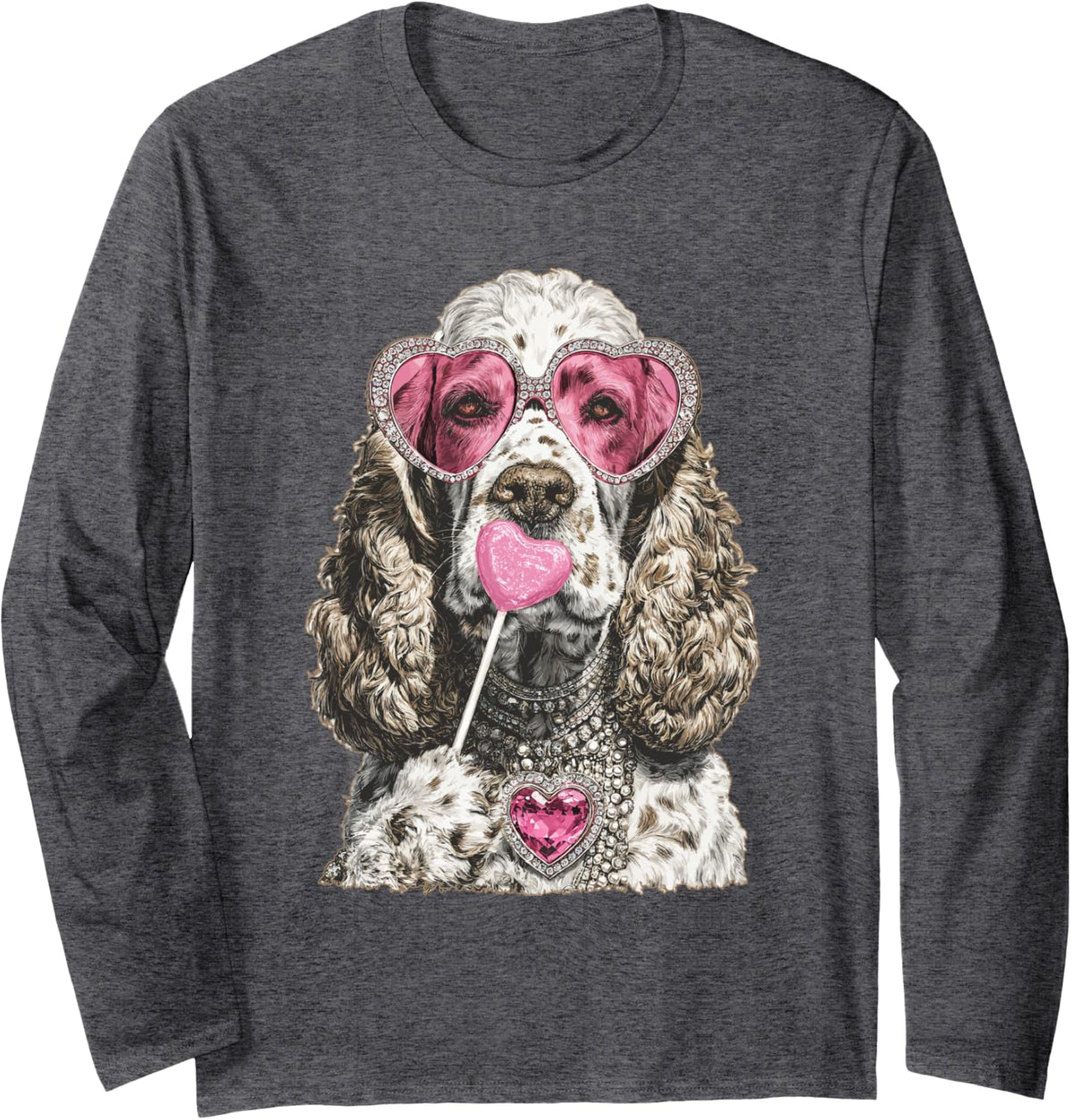 Glam Cocker Spaniel with Sunglasses Boujee Dog Lollipop Long Sleeve T-Shirt - Adult Unisex Dark Heather Grey