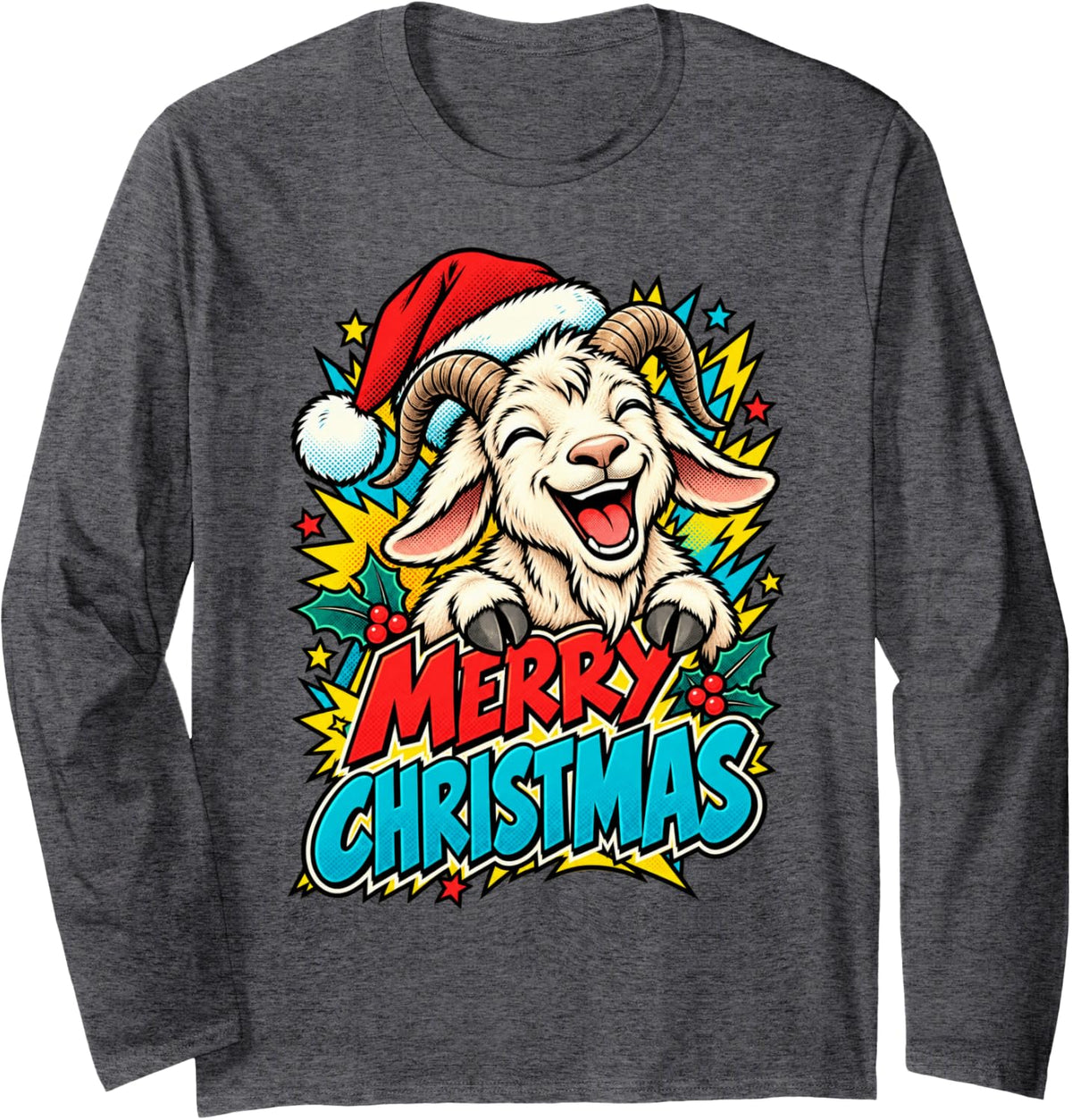 Merry Christmas Smiling Goat Pop Art Santa Men Women Kids Long Sleeve T-Shirt - Adult Unisex Dark Heather Grey