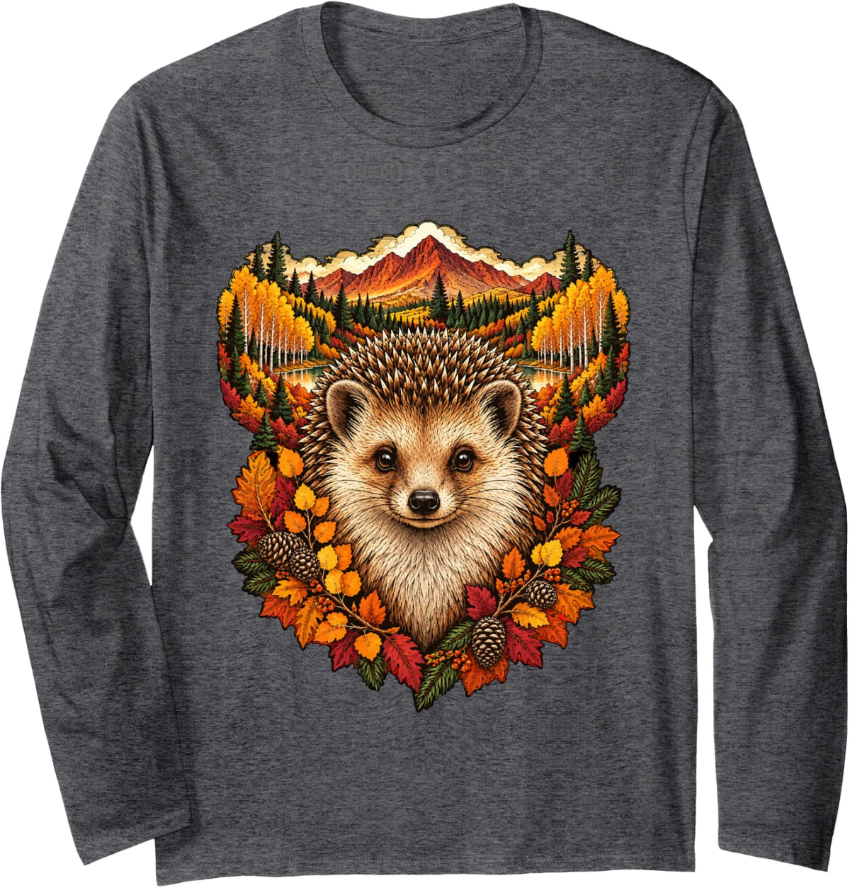 Fall Hedgehog with Foliage Mountains Autumn Forest Animal Long Sleeve T-Shirt - Adult Unisex Dark Heather Grey