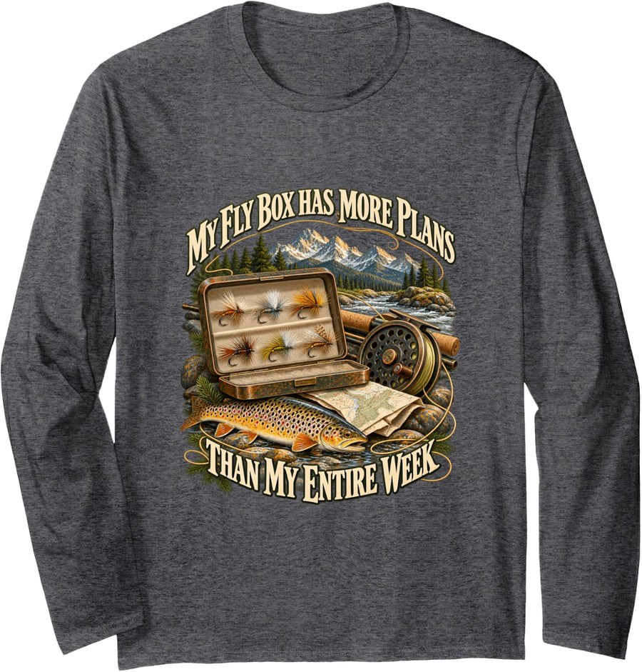 Fly Box More Plans Funny Fly Fishing Trout Angler Long Sleeve T-Shirt - Adult Unisex Dark Heather Grey