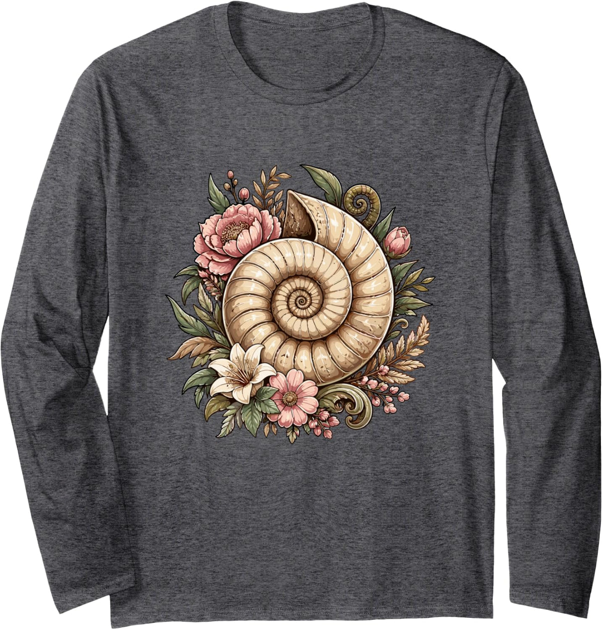 Vintage Ammonite Fossil Shell Wildflower Garden Long Sleeve T-Shirt - Adult Unisex Dark Heather Grey