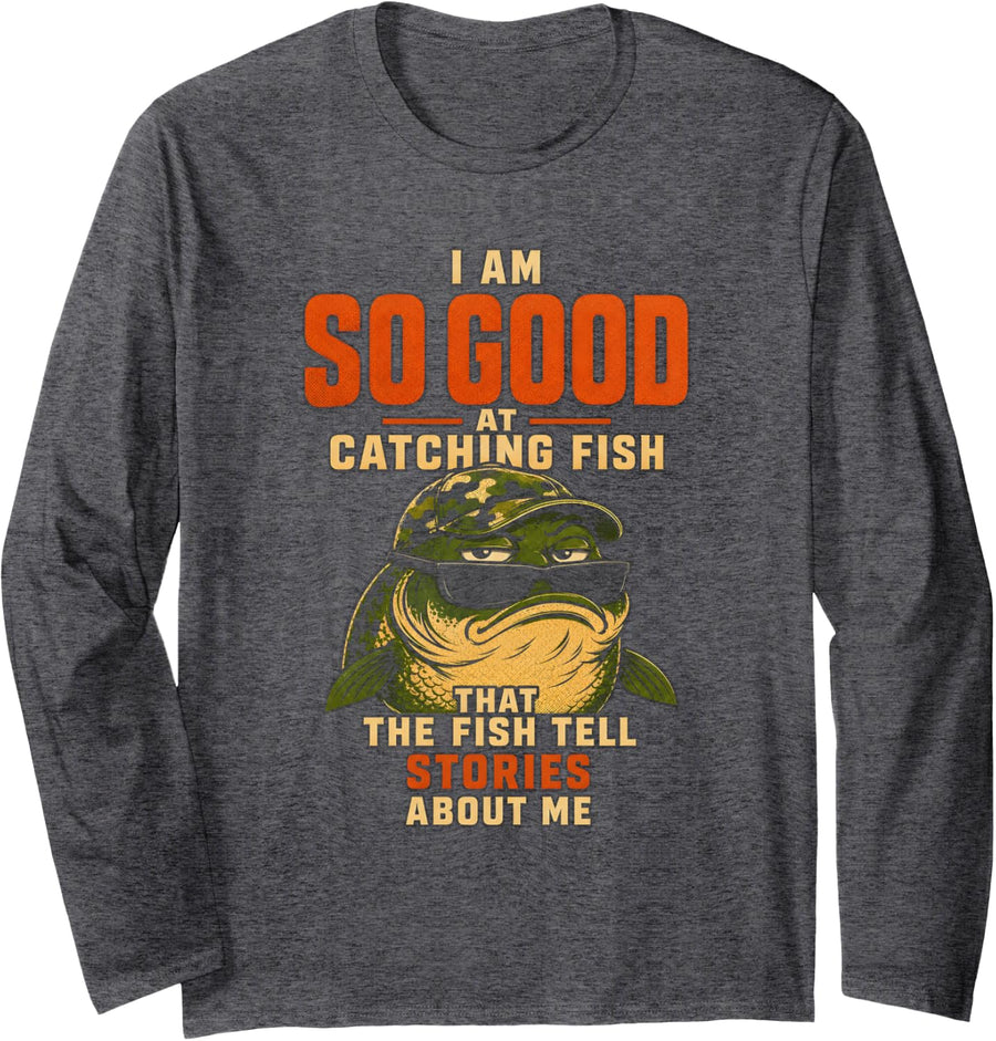 Cranky Catfish Funny Fishing Humor Men So Good Fish Stories Long Sleeve T-Shirt - Adult Unisex Dark Heather Grey