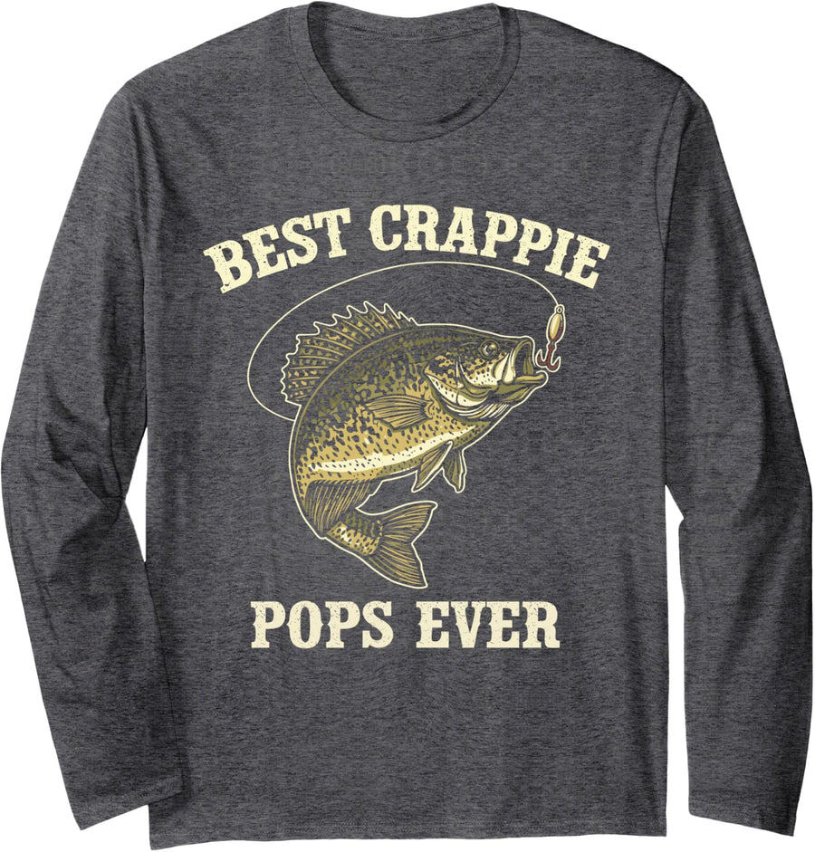 Vintage Best Crappie Pops Ever Fishing Fisherman Dad Long Sleeve T-Shirt - Adult Unisex Dark Heather Grey